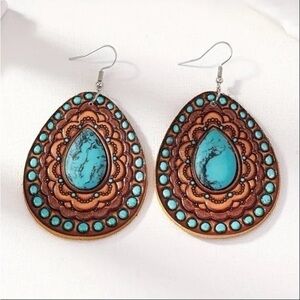 PU Leather With Turquoise Stone Water Drop Earrings